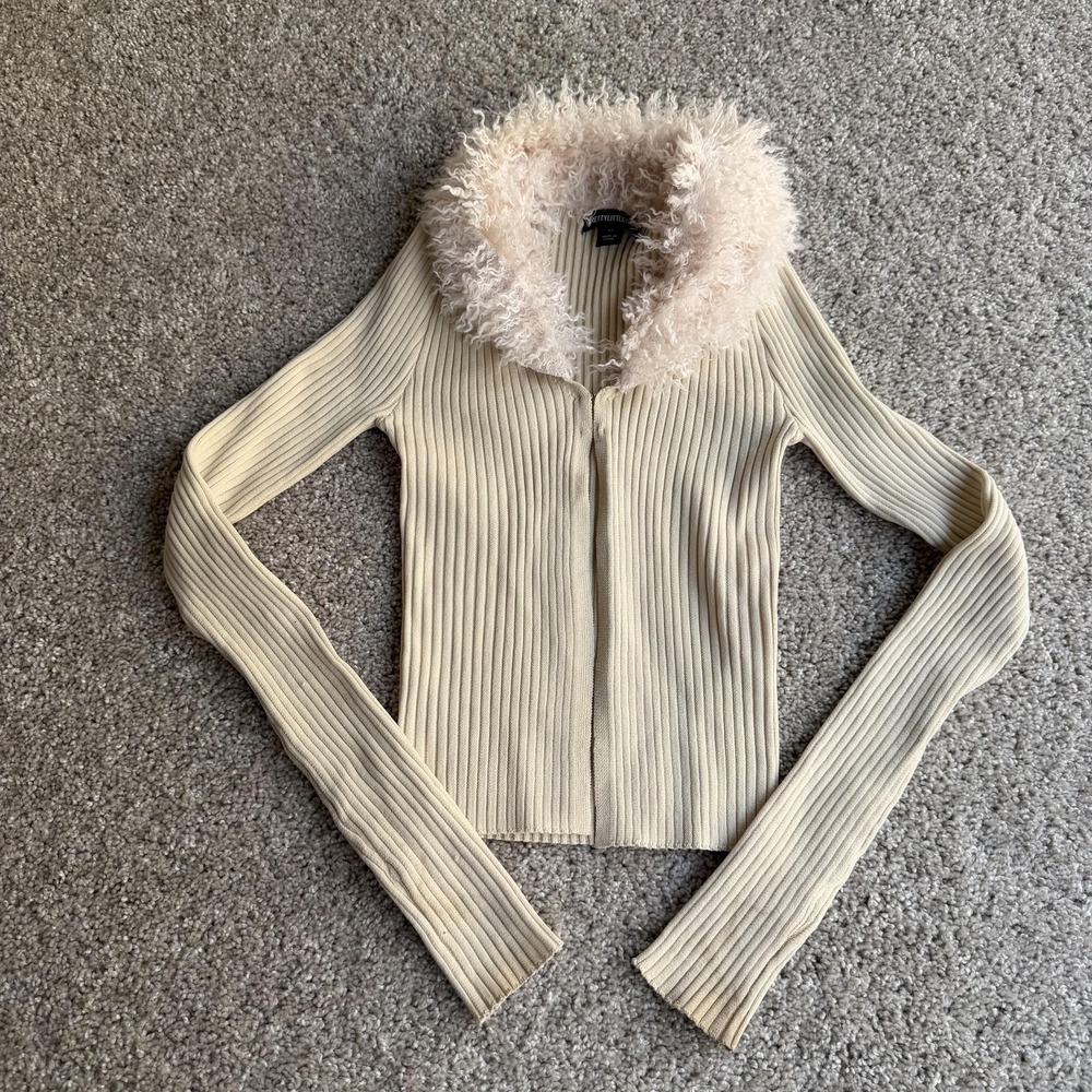 PrettyLittleThing Cardigan Sweater Womens XS Beige V Neck Faux Fur Ribbed Knit
